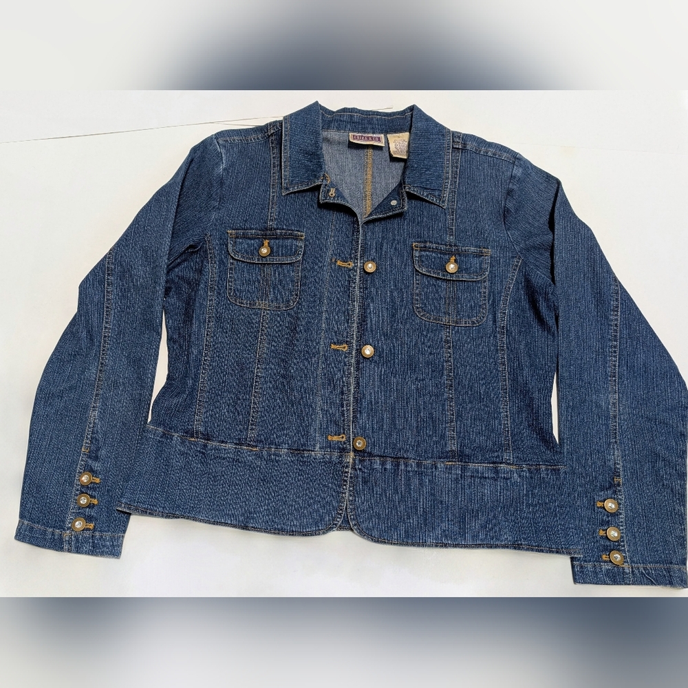 Erika & Co.Tailored Jean Jacket with gold/rhinestone buttons; Women's Large
